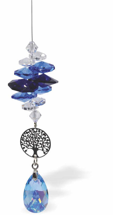 R735 - Suncatcher, with Multi Faceted Crystals and Large Aqua Crystal Faceted Teardrop