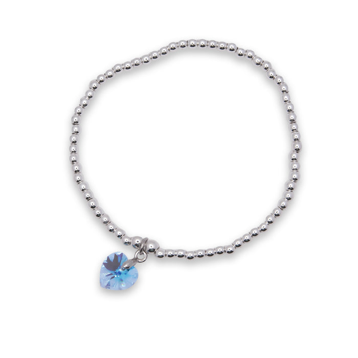 BR16 - Charm Bracelet with Crystal Heart Charm Embellished with Crystals by Swarovski® in Aquamarine Blue, Rhodium Plated