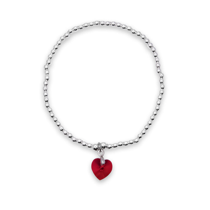 BR17 - Charm Bracelet with Crystal Heart Charm Embellished with Crystals by Swarovski® in Siam Red, Rhodium Plated