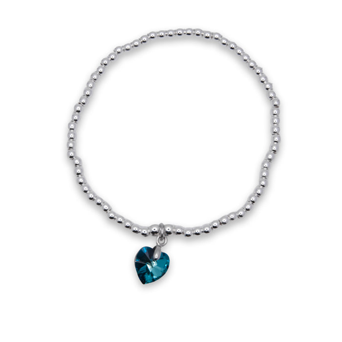 BR18 - Charm Bracelet with Crystal Heart Charm Embellished with Crystals by Swarovski® in Bermuda Blue, Rhodium Plated