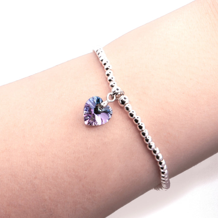 BR19 - Charm Bracelet with Crystal Heart Charm Embellished with Crystals by Swarovski® in Vitrail Light, Rhodium Plated