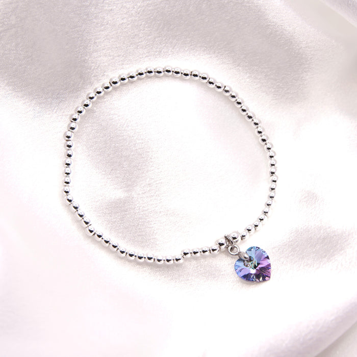 BR19 - Charm Bracelet with Crystal Heart Charm Embellished with Crystals by Swarovski® in Vitrail Light, Rhodium Plated
