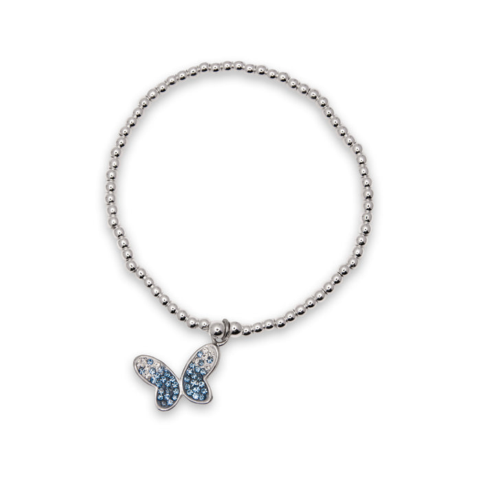 BR23 - Charm Bracelet with Sparkly Butterfly Charm in Blue, Rhodium Plated