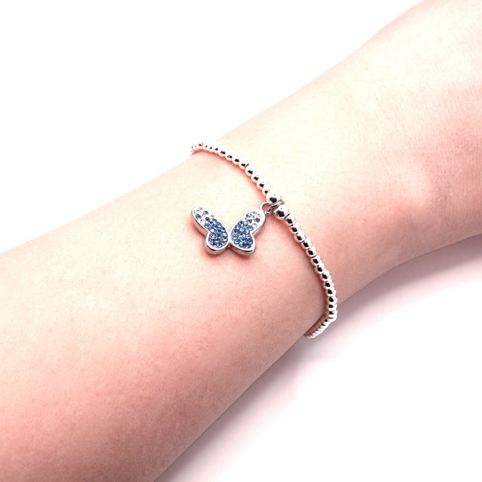 BR23 - Charm Bracelet with Sparkly Butterfly Charm in Blue, Rhodium Plated