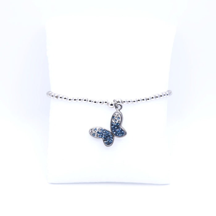 BR23 - Charm Bracelet with Sparkly Butterfly Charm in Blue, Rhodium Plated