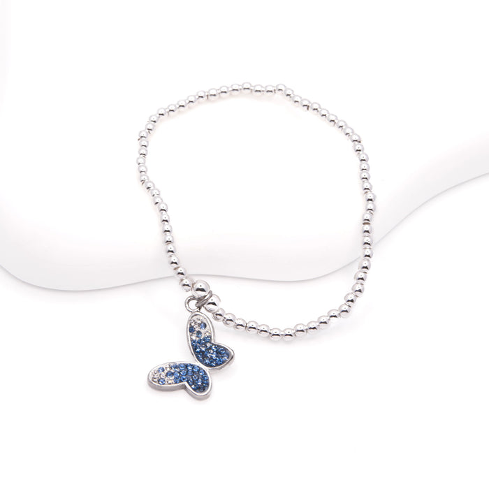 BR23 - Charm Bracelet with Sparkly Butterfly Charm in Blue, Rhodium Plated