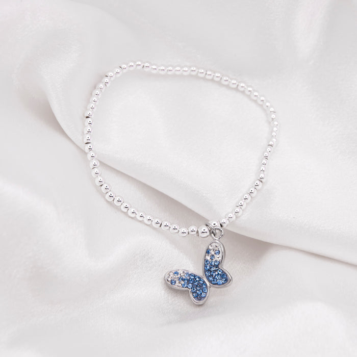 BR23 - Charm Bracelet with Sparkly Butterfly Charm in Blue, Rhodium Plated