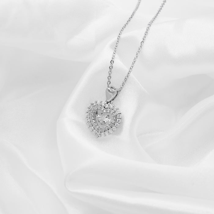Silver Coloured Pave Crystal Love Heart with Dancing Crystal  Necklace, Rhodium Plated