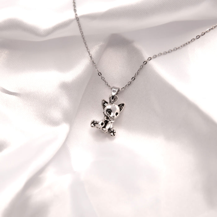 Silver Coloured Cute Cat Necklace, Rhodium Plated