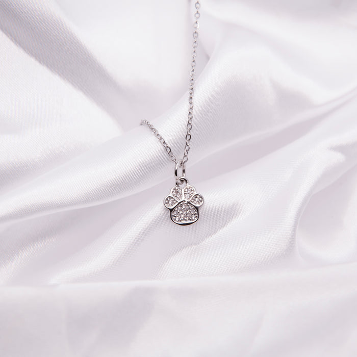 Silver Coloured Pave Crystal Encrusted Paw Print Necklace, Rhodium Plated