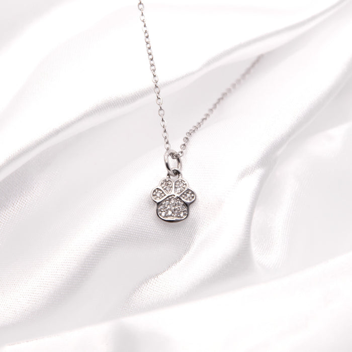 Silver Coloured Pave Crystal Encrusted Paw Print Necklace, Rhodium Plated
