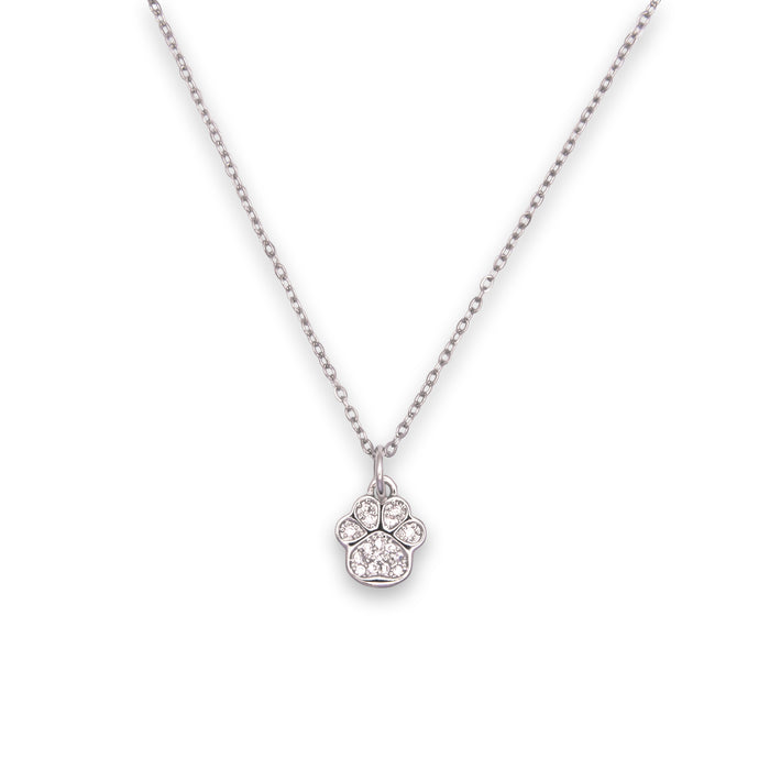 Silver Coloured Pave Crystal Encrusted Paw Print Necklace, Rhodium Plated