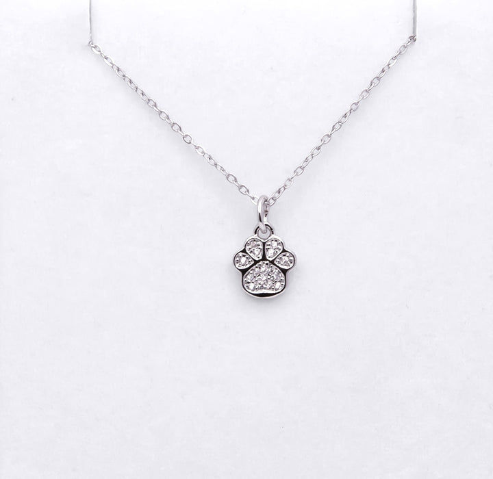 Silver Coloured Pave Crystal Encrusted Paw Print Necklace, Rhodium Plated