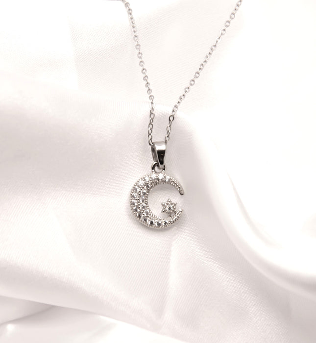 C015 - Silver Coloured Pave Crystal Moon  Necklace with Star