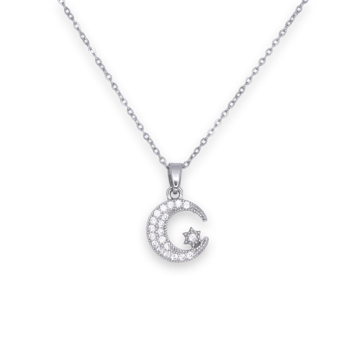 C015 - Silver Coloured Pave Crystal Moon  Necklace with Star