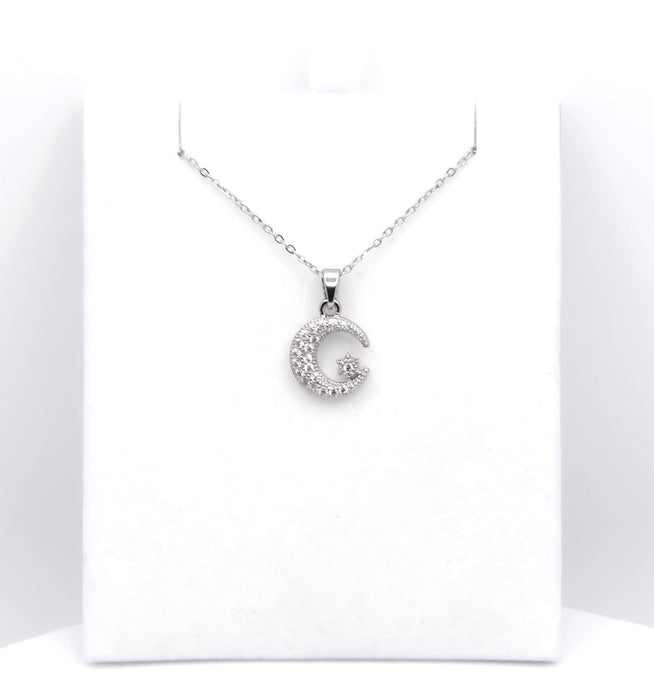 C015 - Silver Coloured Pave Crystal Moon  Necklace with Star