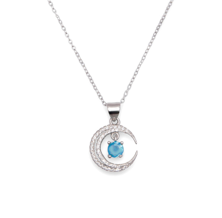 C018 - Silver Coloured Pave Crystal Moon Necklace with Turquoise Drop