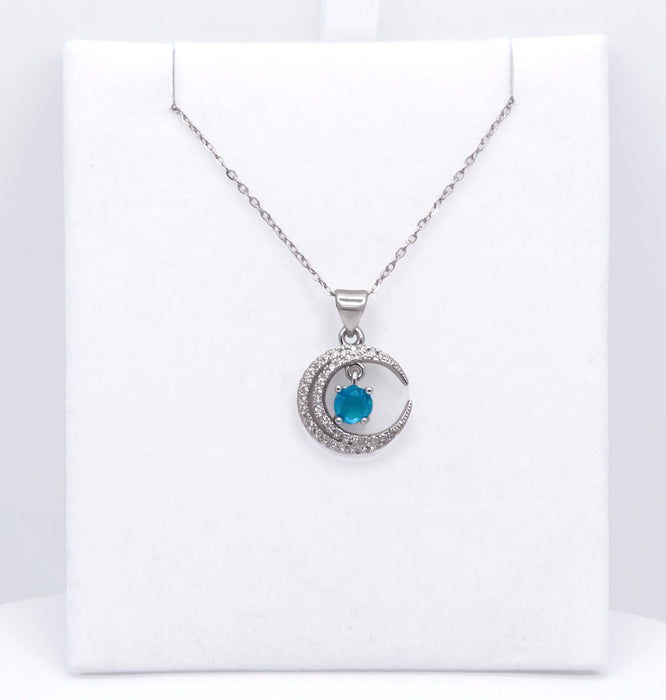 C018 - Silver Coloured Pave Crystal Moon Necklace with Turquoise Drop