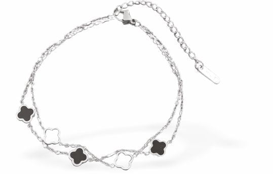 MP93 - Black and White Four Leaf Clover Bracelet, Silver Coloured