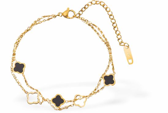 MP94 - Black and White Four Leaf Clover Bracelet, 18K Gold Plated