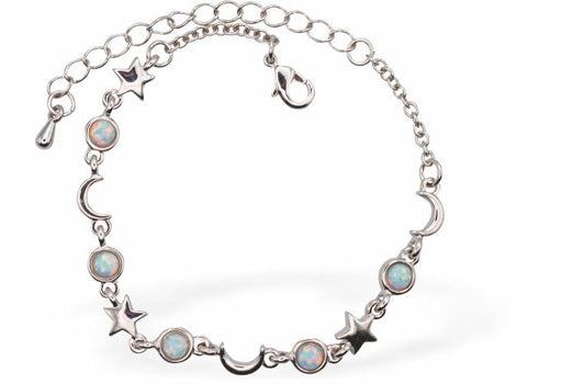 Glowing Opalite Moon and Star Bracelet

Extension link
Rhodium Plated
Hypoallergenic: Nickel, Lead and Cadmium free
Delivered in a soft, black, velveteen pouch