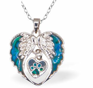 Paua Shell Wings and Heart with Paw Print Necklace
25mm, Rhodium Plated

18" Chain
Hypoallergenic: Nickel, Lead and Cadmium free
Delivered in a soft, black, velveteen pouch