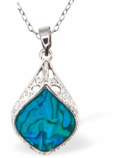 Paua Shell Elegance Necklace
20mm, Rhodium Plated

18" Chain
Hypoallergenic: Nickel, Lead and Cadmium free
Delivered in a soft, black, velveteen pouch