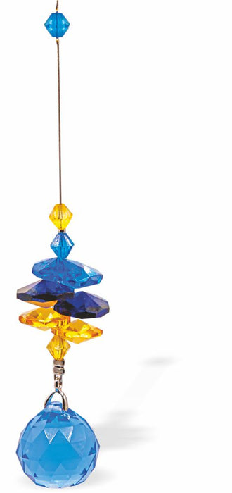 Austrian Crystal Suncatcher, Multi -faceted
Large Blue Sphere Drop Feature
Blues and yellow crystals
Delivered in a soft, black, velveteen pouch