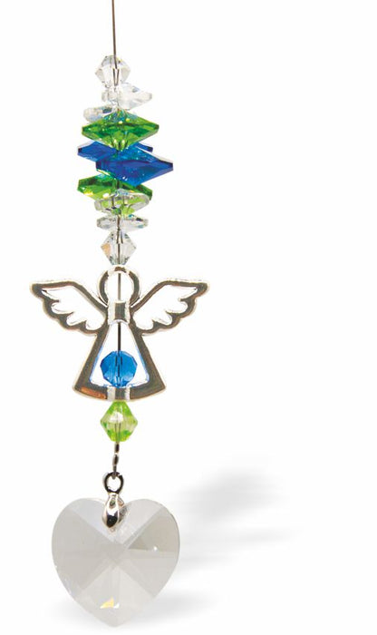 Austrian Crystal Suncatcher, Multi -faceted
Guardian Angel Link and Clear Heart Drop
Blue, green and clear crystals
Delivered in a soft, black, velveteen pouch