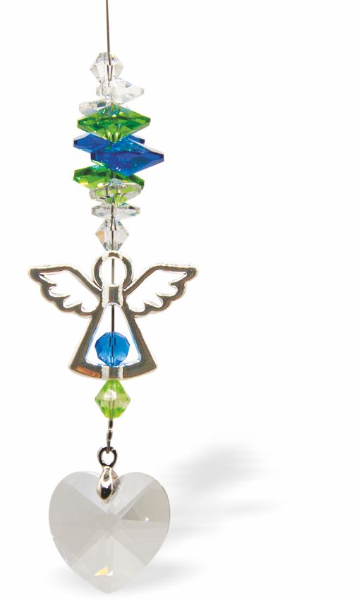 Austrian Crystal Suncatcher, Multi -faceted
Guardian Angel Link and Clear Heart Drop
Blue, green and clear crystals
Delivered in a soft, black, velveteen pouch