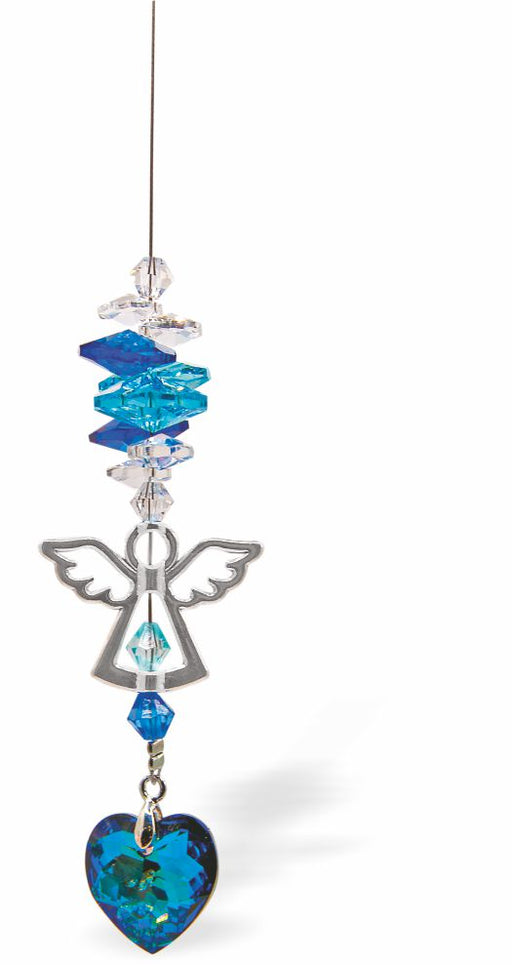 Austrian Crystal Suncatcher, Multi -faceted
Guardian Angel with Blue Heart Drop
Blues and clear crystals
Delivered in a soft, black, velveteen pouch
