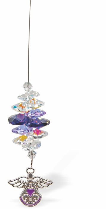 Austrian Crystal Suncatcher, Multi -faceted
Ornate Angel with Purple Heart
Purple and clear crystals
Delivered in a soft, black, velveteen pouch