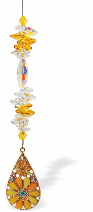 Austrian Crystal Suncatcher, Multi -faceted
Colourful, Psychedelic, Floral Teardrop
Orange, yellow and clear crystals and multicoloured drop
Delivered in a soft, black, velveteen pouch