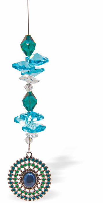 Austrian Crystal Suncatcher, Multi -faceted&nbsp;
Blue Radient Sun Drop Feature
Blues and clear crystals
Delivered in a soft, black, velveteen pouch
