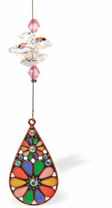 Austrian Crystal Suncatcher, Multi -faceted
Colourful, Psychedelic, Floral Teardrop
Pink, clear crystals and multicoloured drop
Delivered in a soft, black, velveteen pouch