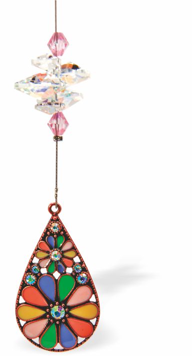 Austrian Crystal Suncatcher, Multi -faceted
Colourful, Psychedelic, Floral Teardrop
Pink, clear crystals and multicoloured drop
Delivered in a soft, black, velveteen pouch