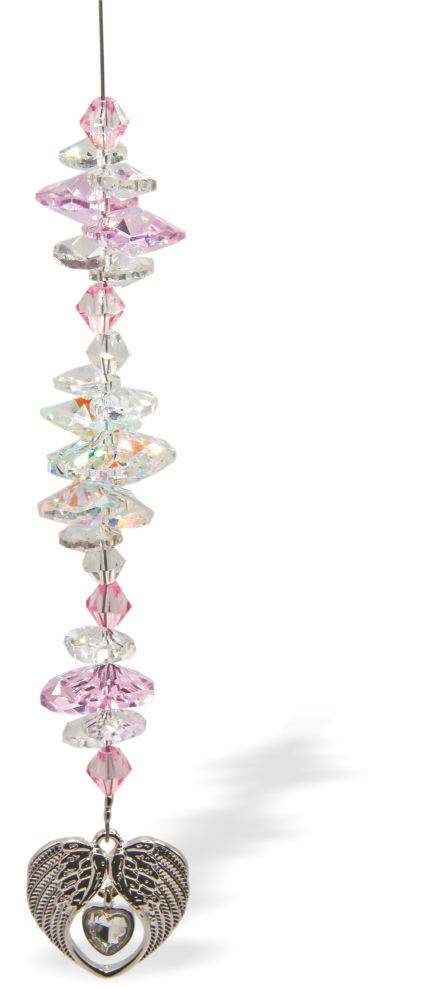 Austrian Crystal Suncatcher, Multi -faceted
Angel Winged Heart Drop Feature
Pink and clear crystals
Delivered in a soft, black, velveteen pouch