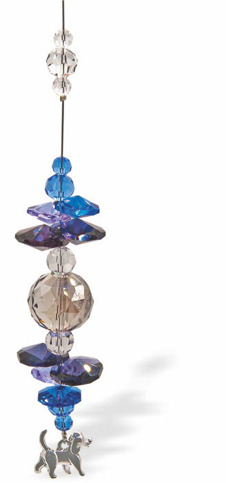 Austrian Crystal Suncatcher, Multi -faceted
Dog Drop feature and large Sphere Link
Purple, blue and clear crystals
Delivered in a soft, black, velveteen pouch