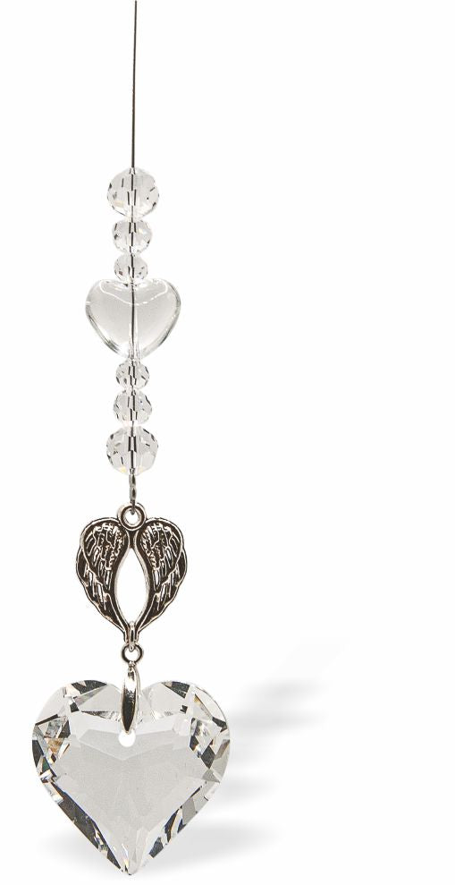 Austrian Crystal Suncatcher, Multi -faceted
Winged Heart Link and Large Crystal Heart
Clear crystal colour
Delivered in a soft, black, velveteen pouch