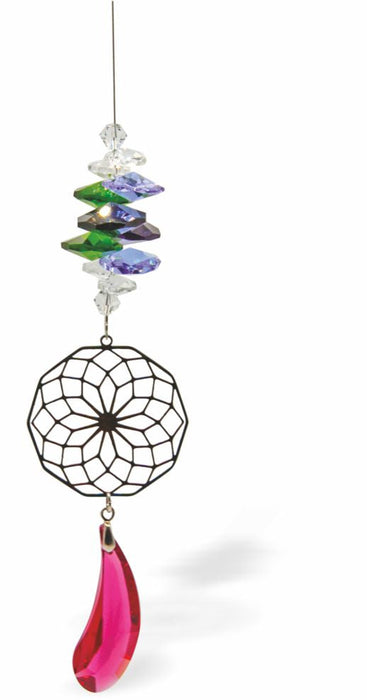 Austrian Crystal Suncatcher, Multi -faceted
Red Droplet and Geometric Circle Link
Red, purple, green and clear crystals
Delivered in a soft, black, velveteen pouch