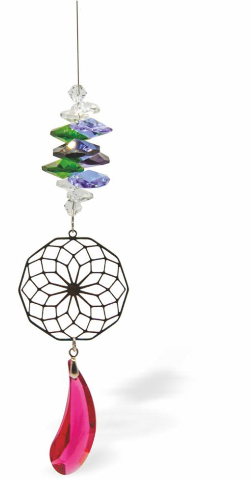 Austrian Crystal Suncatcher, Multi -faceted
Red Droplet and Geometric Circle Link
Red, purple, green and clear crystals
Delivered in a soft, black, velveteen pouch