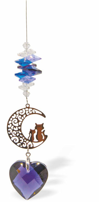Suncatcher, Multi-faceted Austrian Crystal with Cat and Kitten in the Moon with Purple Heart