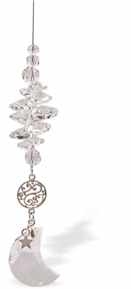 Austrian Crystal Suncatcher, Multi -faceted
Ornate Link and Moon Crystal Drop
Clear Crystal
Delivered in a soft, black, velveteen pouch