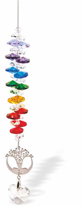 Austrian Crystal Suncatcher, Multi -faceted
Crystal Heart Drop and Tree of Life Link with Rainbow Coloured Crystals
Multi Colours: Red, Orange, Green, Blue, Purple and Clear
Delivered in a soft, black, velveteen pouch