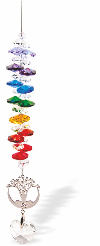 Austrian Crystal Suncatcher, Multi -faceted
Crystal Heart Drop and Tree of Life Link with Rainbow Coloured Crystals
Multi Colours: Red, Orange, Green, Blue, Purple and Clear
Delivered in a soft, black, velveteen pouch