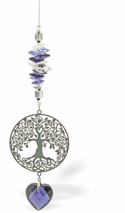 Austrian Crystal Suncatcher, Multi -faceted
Large Tree of Life and Purple Crystal Heart Drop
Purple and Clear crystals
Delivered in a soft, black, velveteen pouch