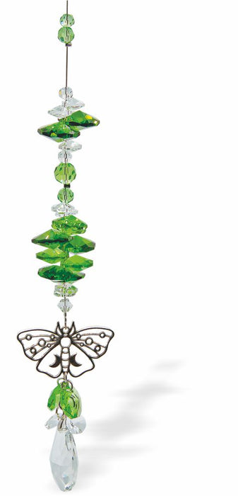 Austrian Crystal Suncatcher, Multi -faceted
Crystal Teardrop and Butterfly Link
Greens and Clear crystals
Delivered in a soft, black, velveteen pouch