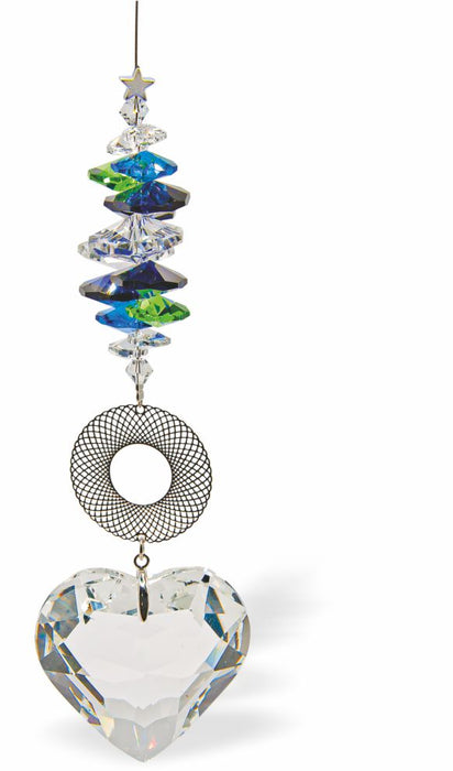 Austrian Crystal Suncatcher, Multi -faceted
Chunky Heart Crystal with Circular Link and Blue, Green and Clear mixed crystals
Blue, clear and green colours
Delivered in a soft, black, velveteen pouch