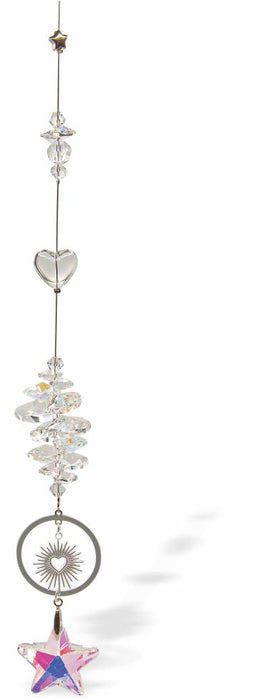 Austrian Crystal Suncatcher, Multi -faceted
Star Crystal Drop and Sun Beams Link

Aurora Borealis and Clear Crystal colours
Delivered in a soft, black, velveteen pouch
