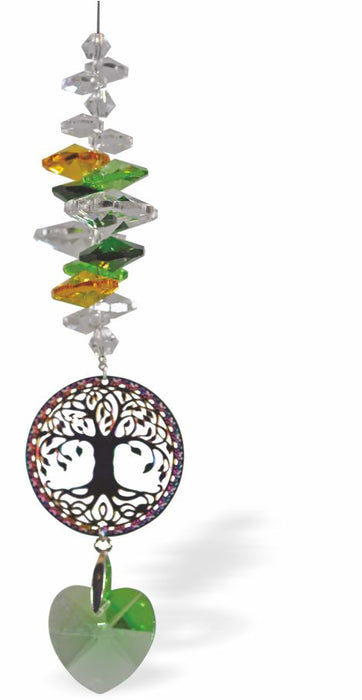 R634 -Austrian Crystal Suncatcher, Multi-faceted Multi Coloured Crystals with Tree of Life and Heart Drop